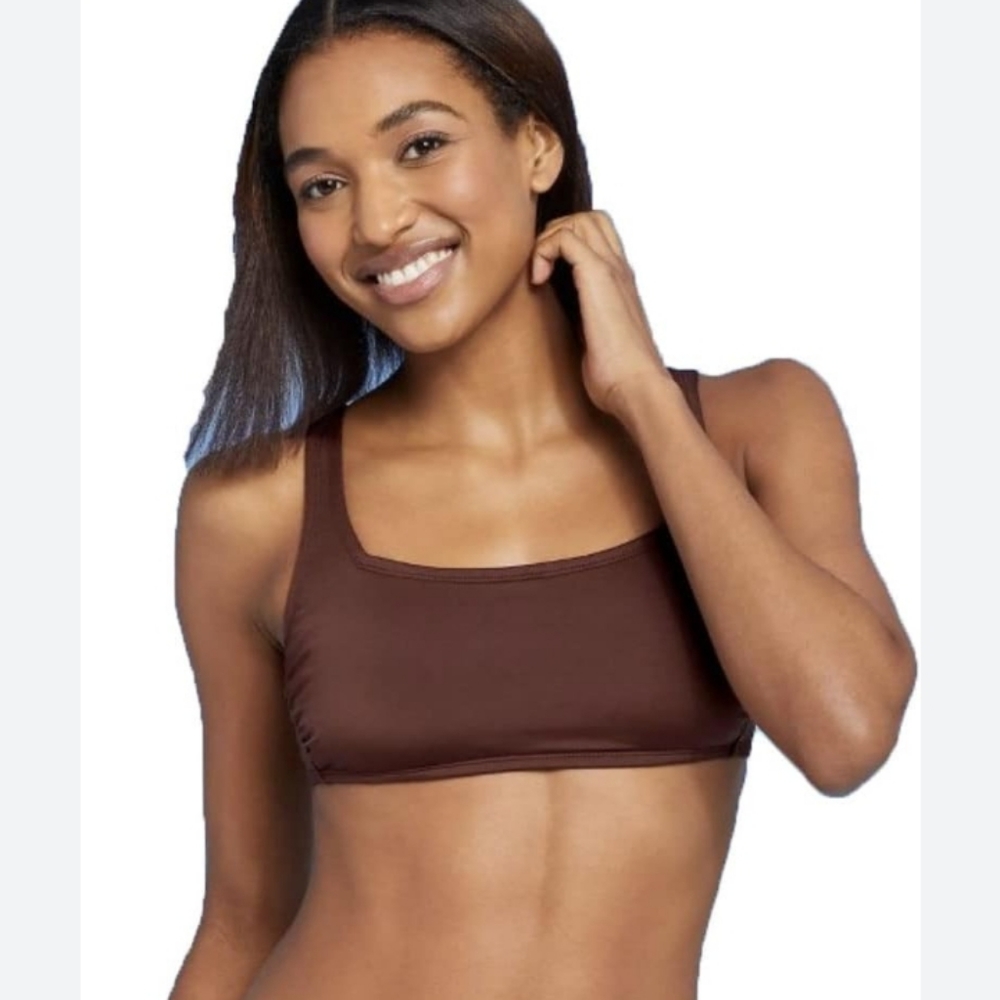 NWT Kona Sol Brown Simple Square Neck Over The Shoulder Bikini Top
